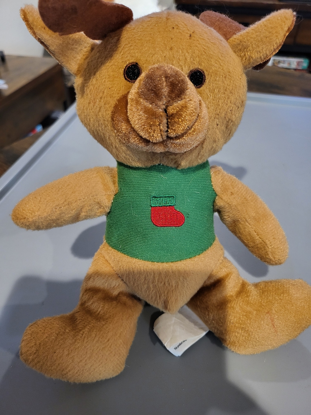 Kellytoy Brown Reindeer Plush with Green Sweater and Red Stocking